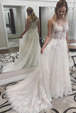 Ivory Lace See Through Applique Wedding Dresses Bridal Dress with Court Train, SW169