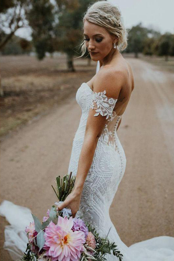 Charming Mermaid Lace Long Wedding Dresses Sweetheart Neck Bridal Dress, SW170 at simidress.com