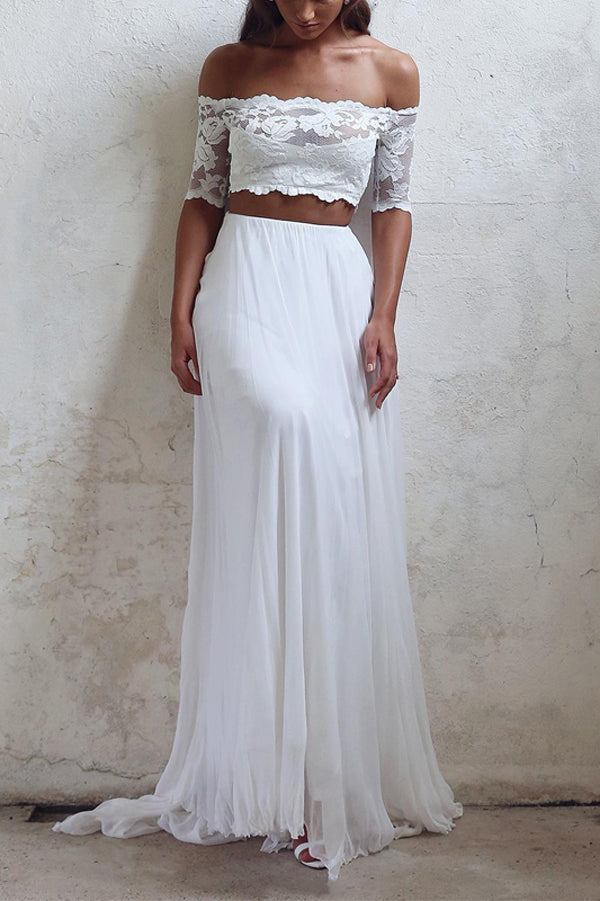 sachin and babi light blue dress Casual Boho V-Neck Lace Wedding Dress - Short Sleeve Chiffon Bridal Gown  with Button Detail and Slit main image 1