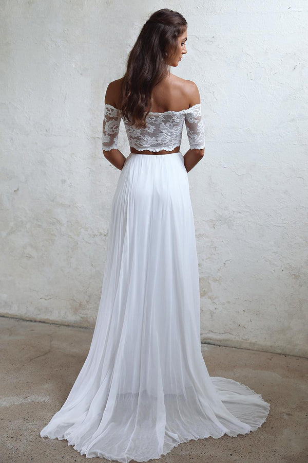 Charming White Chiffon Two Piece Off Shoulder Short Sleeve Lace Wedding Dress, SW171 at simidress.com