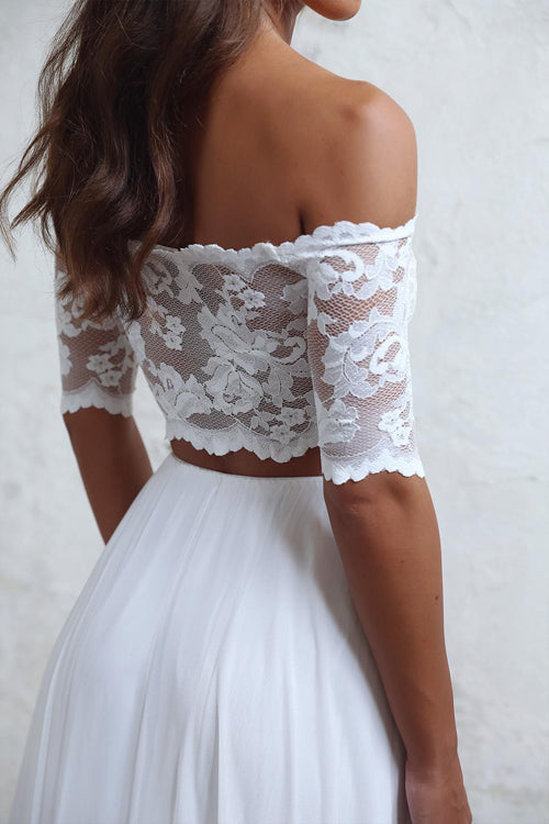 Simidress sell Charming White Chiffon Two Piece Off Shoulder Short Sleeve Lace Wedding Dress, SW171