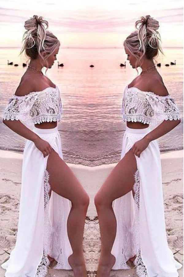 Fabulous White Two Piece Off Shoulder Chiffon Lace Wedding Dress With Slit, SW172 – Simidress