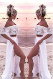 Fabulous White Two Piece Off Shoulder Chiffon Lace Wedding Dress With Slit, SW172