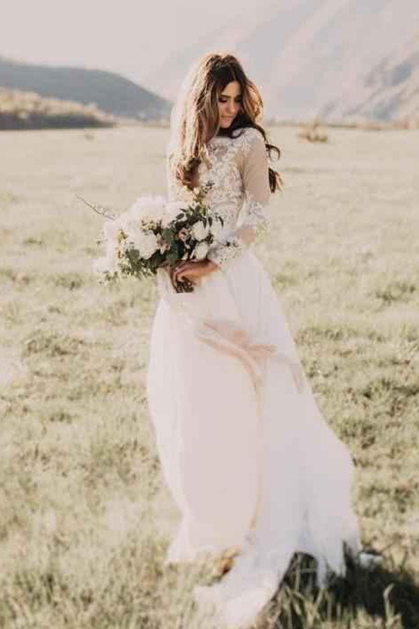 Ivory Long Sleeve Lace Wedding Dresses Appliqued Beach Wedding Dress, SW174