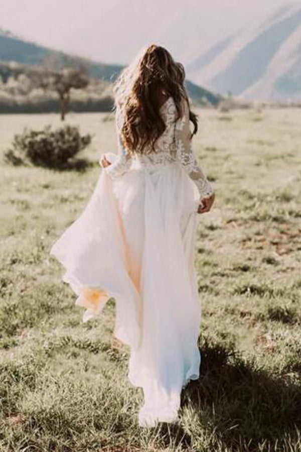 Ivory Long Sleeve Lace Wedding Dresses Appliqued Beach Wedding Dress, SW174 at simidress.com