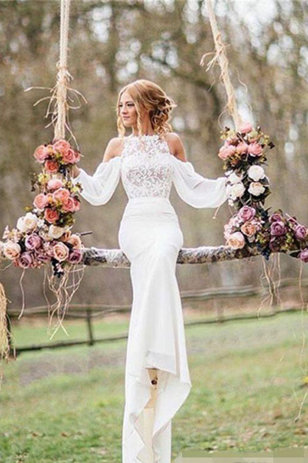 Gorgeous Long Sleeve Mermaid White Lace Long Wedding Dresses Bridal Gown, SW175