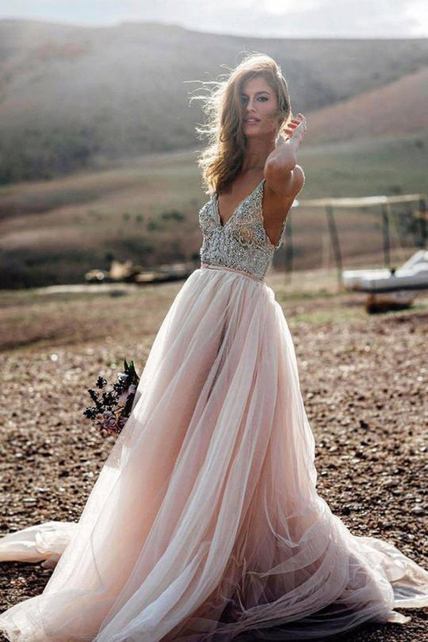 Pink V- Neck Beaded A Line Beach Wedding Dress, Tulle Long Prom Dress, SW177
