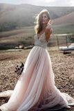 Pink V- Neck Beaded A Line Beach Wedding Dress, Tulle Long Prom Dress, SW177