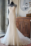 Tulle Mermaid Scoop Neck Chapel Train Beaded Long Sleeve Wedding Dress, SW178
