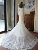 Tulle Mermaid Scoop Neck Chapel Train Beaded Long Sleeve Wedding Dress, SW178 at simidress.com