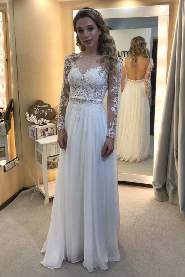 Unique Tulle Chiffon A-line Scoop Neck Long Sleeve Backless Wedding Dresses, SW179