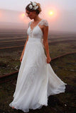 Chiffon Backless V-neck Lace Beaded Wedding Dress with Sweep Train, SW180