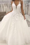 White Tulle Lace V neck Long Bridal Dresses, White Wedding Dress, SW183