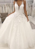 White Tulle Lace V neck Long Bridal Dresses, White Wedding Dress, SW183 at simidress.com