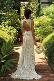 Sheath Lace Keyhole Back Floor-Length Wedding Dress With Train, SW185
