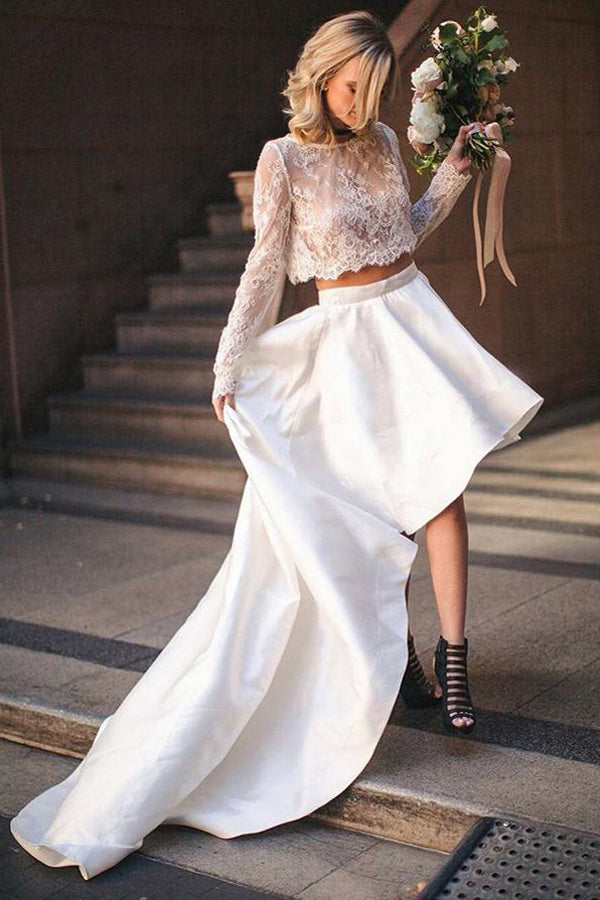 knee length dresses for ladies Two Piece High Low Long Sleeve Simple Lace A-line Wedding Dresses, SW186 –  Simidress