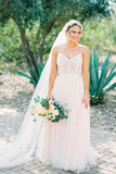 Ivory Tulle Beaded Spaghetti Strap Long Wedding Dresses with Train, SW189