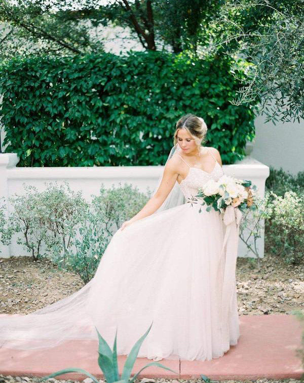 Ivory Tulle Beaded Spaghetti Strap Long Wedding Dresses with Train, SW189|simidress.com