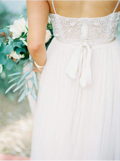 Ivory Tulle Beaded Spaghetti Strap Long Wedding Dresses with Train, SW189 sold by simidress.com
