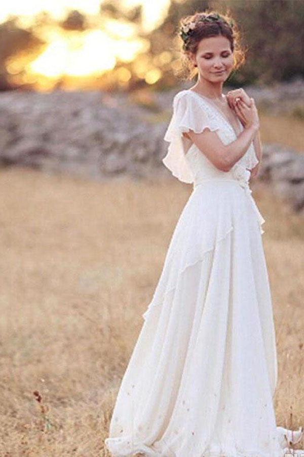 Ivory A-Line Cap Sleeve V-Neck Chiffon Open Back Flower Wedding Dresses, SW190