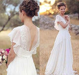 Ivory A-Line Cap Sleeve V-Neck Chiffon Open Back Flower Wedding Dresses, SW190|simidress.com