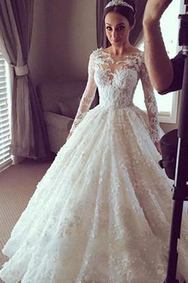Tulle Lace Scoop Long Sleeve Ball Gown Sheer Back Appliques Wedding ...
