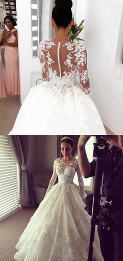 Tulle Lace Scoop Long Sleeve Ball Gown Sheer Back Appliques Wedding Dress, SW191|simidress.com