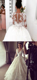 Tulle Lace Scoop Long Sleeve Ball Gown Sheer Back Appliques Wedding Dress, SW191|simidress.com