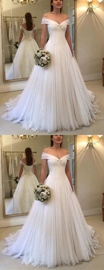 Fabulous Off Shoulder Pleated Tulle V-neck Princess White Wedding Dresses, SW192|simidress.com