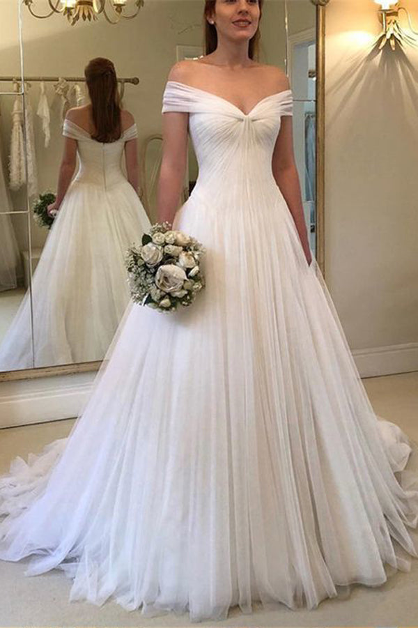 Beautiful metal white off-shoulder tulle underneath Cinderella wedding gown