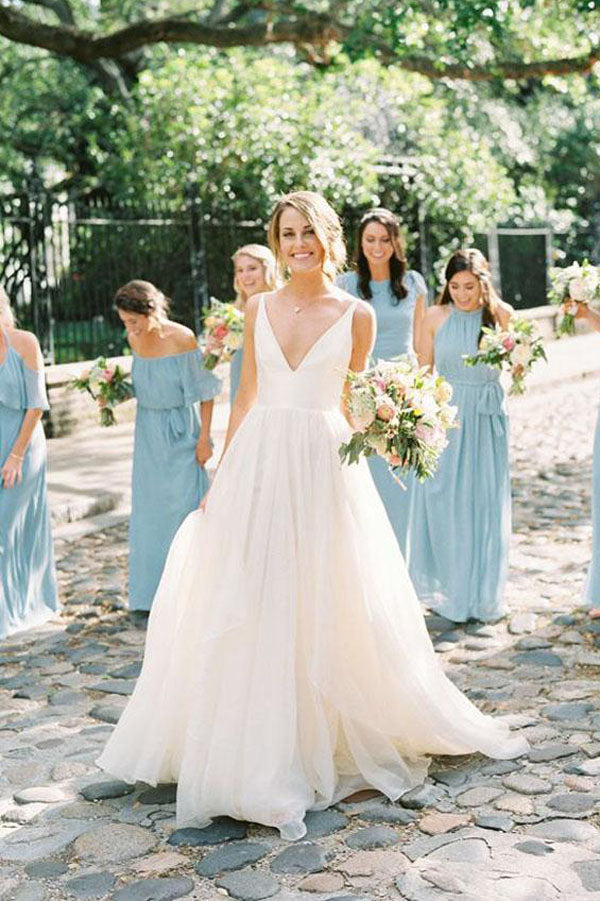 Simple A Line Deep V Neck Long Wedding Dresses Beach Wedding
