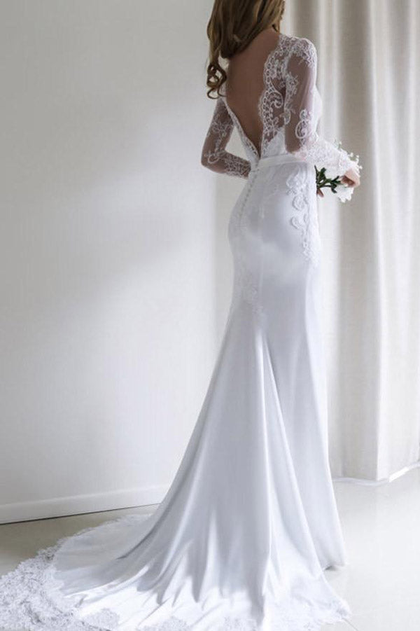White Mermaid Lace Long Sleeves Wedding Dresses with Sweep Train, SW195