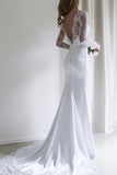 White Mermaid Lace Long Sleeves Wedding Dresses with Sweep Train, SW195