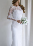 White Mermaid Lace Long Sleeves Wedding Dresses with Sweep Train, SW195