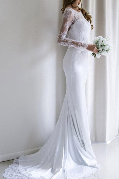 White Mermaid Lace Long Sleeves Wedding Dresses with Sweep Train, SW195|simidress.com