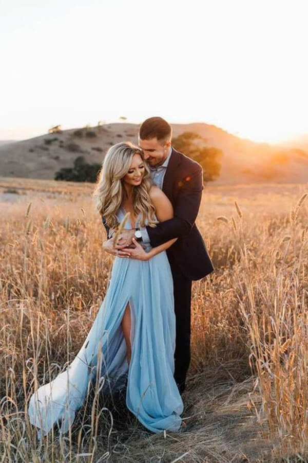 Sky Blue Rustic Thigh Split Beach Wedding Dresses with Court Train, SW – Simidress