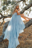 Sky Blue Rustic Thigh Split Beach Wedding Dresses with Court Train, SW196