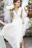 White Simple A-Line V-Neck Chiffon Cap Sleeves Beach Wedding Dresses, SW198