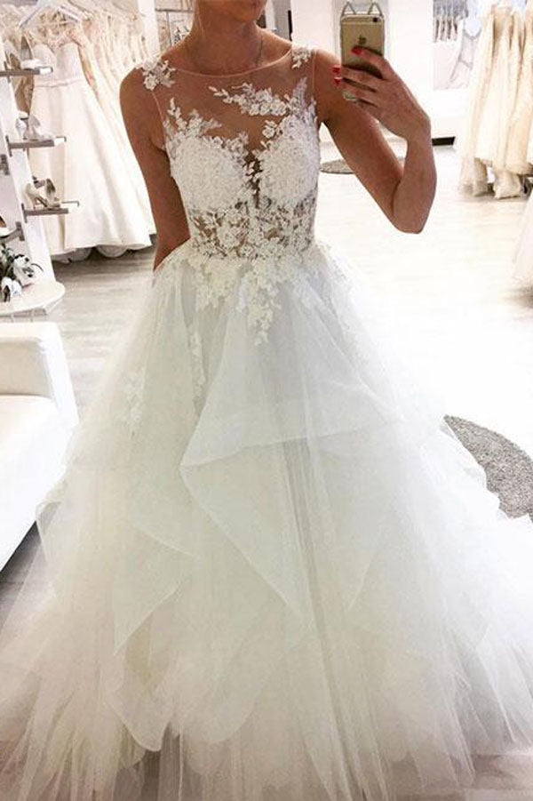 White Round Neck Tulle Lace Floor Length Wedding Dresses Bridal Gowns, SW199