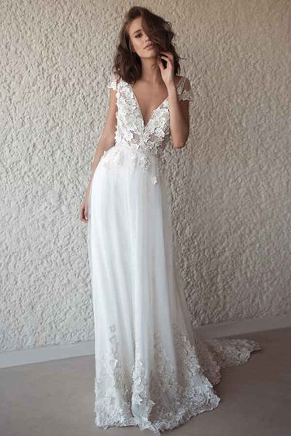 Ivory See Through Boho Cap Sleeve Beach Wedding Dresses Bridal Dresses, SW200