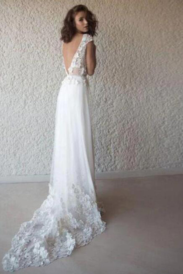 simidress.com offer Ivory See Through Boho Cap Sleeve Beach Wedding Dresses Bridal Dresses, SW200
