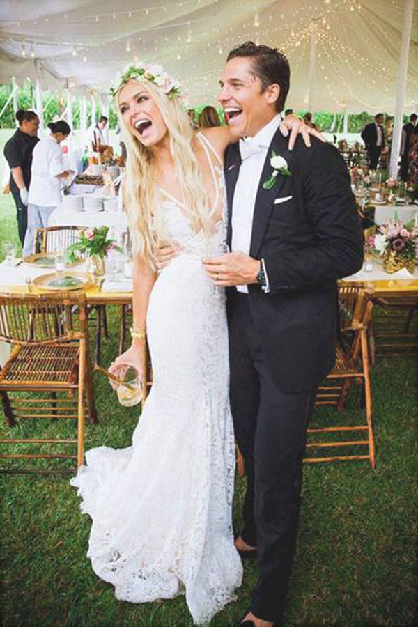 White Tulle Lace V Neck Mermaid Long Wedding Dresses Bridal Gown, SW201