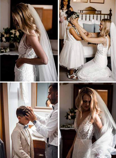 White Tulle Lace V Neck Mermaid Long Wedding Dresses Bridal Gown, SW201|simidress.com