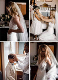 White Tulle Lace V Neck Mermaid Long Wedding Dresses Bridal Gown, SW201|simidress.com
