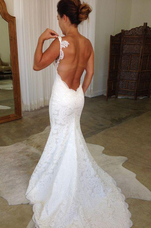 Elegant White Backless Mermaid Spaghetti Straps Lace Wedding Dresses, SW202  – Simidress