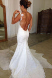 Elegant White Backless Mermaid Spaghetti Straps Lace Wedding Dresses, SW202