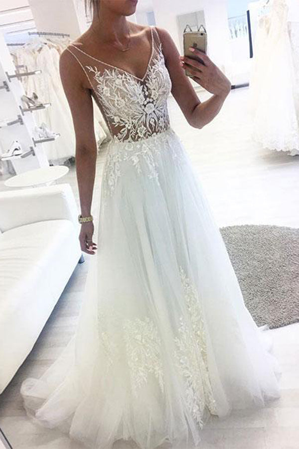 White A-line V-neck Tulle Lace See Through Long Wedding Dresses, SW203