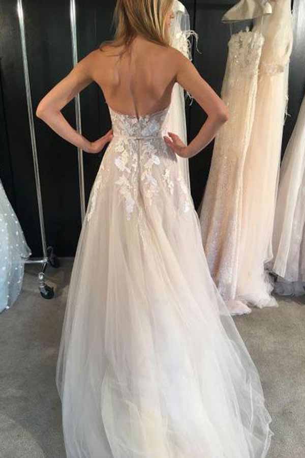 White Tulle Sweetheart A-line See Through Long Wedding Dresses, SW204|simidress.com