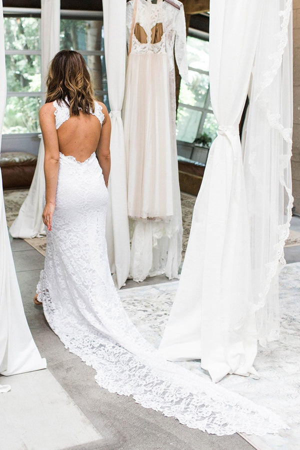 Elegant White Lace Halter Mermaid Side Slit Wedding Dress with Sweep Train, SW207|simidress.com