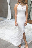 Elegant White Lace Halter Mermaid Side Slit Wedding Dress with Sweep Train, SW207